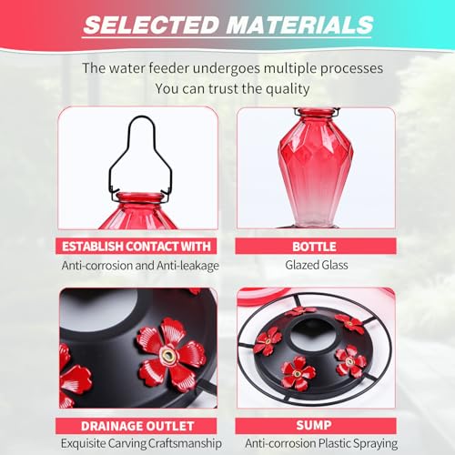 Image of Glass Hummingbird Feeder for Outdoors Hanging, 25Oz Humming Bird Nectar Feeder, Perch, 5 Flower Feeding Ports, Leak Proof Base, Hook for Outside Garden Backyard, Gift for Women Mom, Diamond Red
