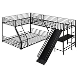 n/a L-Shaped Twin Over Full Bunk Bed with Twin Size Loft Bed,Built-in Desk and Slide,Black