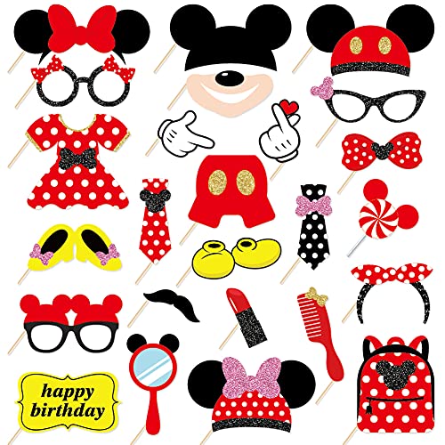 25pcs Mickey Photo Booth Props Con Bastone,Mickey Tema Selfie Props,Forniture Per Feste Di Compleanno Di Topolino,Decorazioni Per Fondali Fotografici