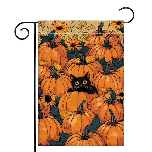 Drapeau de jardin chat d'automne avec feuilles d'érable et fleurs 30x45