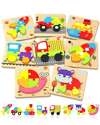 Image of Wooden Toddler Puzzles Gifts Montessori Toys for 1 2 3 Years Old Boys Girls | 8 Vehicle Shape Puzzles, Boy Birthday Gift, Montessori Toys Educational Blocks for Toddlers 1-3, 2-4, Baby Learning Toys