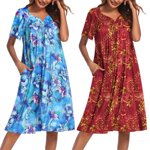 Image of Ekouaer 2 Pack House Dresses for Women with Pockets Short Sleeve Moo Moos Floral Print Mumu Dresses