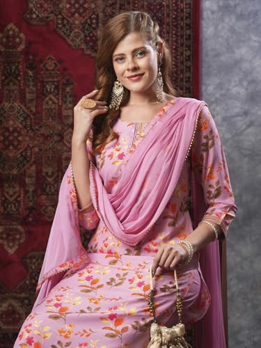 Image of GoSriKi Women's Cotton Blend Printed Straight Kurta and Pant with Dupatta Set