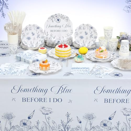 Image of Funnymoom 452 Pcs Something Blue Before I Do Bridal Shower Party Decorations Include Blue and White Floral Paper Plates Napkins Cups Tablecloth Cutlery Straws for Wedding Bridal Shower Party Supplies