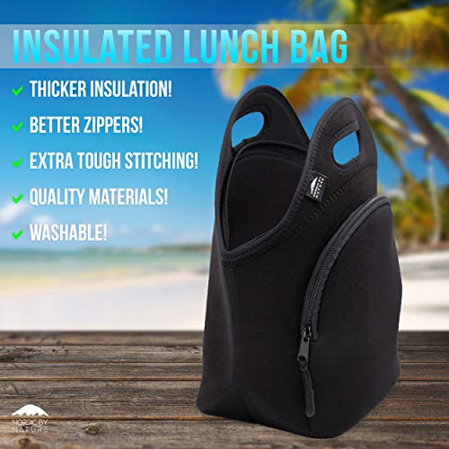 Nordic By Nature Large Neoprene Lunch Bag For Women & Lunch Tote For Kids Insulated Lunch Bag Reusable Washable Extra Thick Neoprene & Soft Cotton Feel, Premium Stitching, Outside Pocket, (L) Black #TOP1