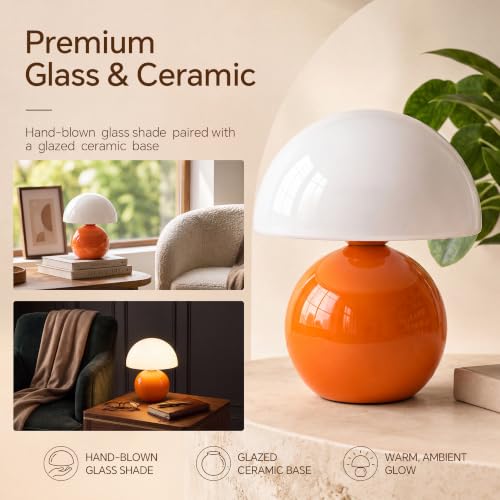 Image of Dawnwake Mushroom Lamp Table Lamps Set of 2 for Bedroom Living Room,Orange | 8.7 inch Mid Century Modern Small Desk Table Lamps for Living Room Bedroom Decor,Ceramic Lamps for Home Room Decor,Glass Shade