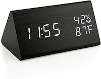 Vista 8 de Reloj de alarma de madera OCT17, reloj digital LED inteligente para recámara/escritorios, actualizado con temperatura del tiempo, brillo ajustable