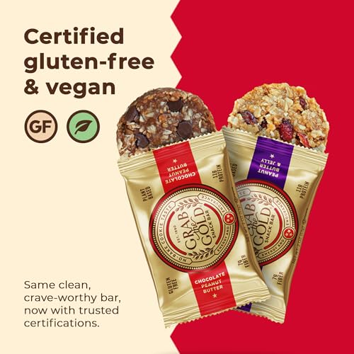 Image of Grab The Gold Protein Snack Bar Variety Pack | Plant-Based Protein, Gluten-Free, Vegan, Dairy-Free, Kosher | 14 Count Variety Pack 7 Chocolate Peanut Butter & 7 Peanut Butter & Jelly, Made in USA