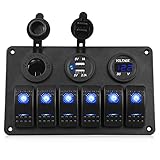 WATERWICH 6 Gang Marine Ignition Toggle Rocker Switch Panel Waterproof with Digital Voltmeter 3.1A...