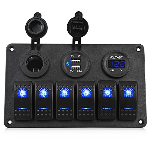 WATERWICH 6 Gang Marine Rocker Switch Panel Waterproof 12V Boat Car With LED Voltmeter 3.1A Dual USB Charger Cigarette Lighter Socket for RV Vehicle Truck Trailer Yacht
