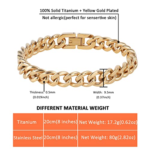 Santhree 9.5Mm Solid Titanium Curb Cuban Link Chain Bracelet For Men Women, Lightweight Hip Hop Bracelets Gifts For Graduation Birthday Fathers Day, 8 Inches, Gold #TOP3