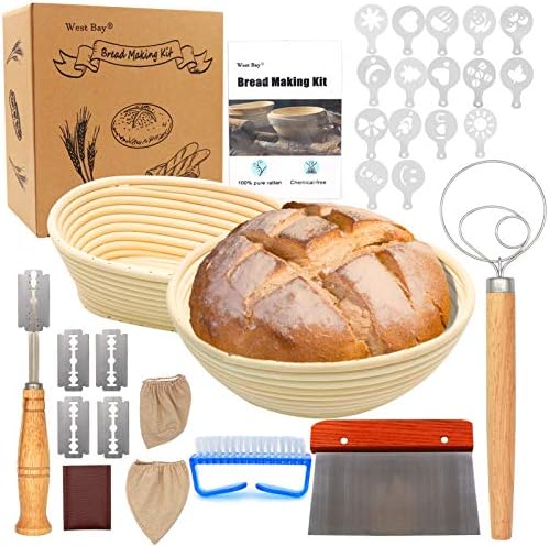 32Pcs Bread Proofing Basket Set, West Bay 10 Inch Round & 8 Inch Oval Cane Sourdough Basket w/Bread Lame Dough Scraper Linen Liner Brush Flouring Stencils Fermentation Danish Dough Whisk