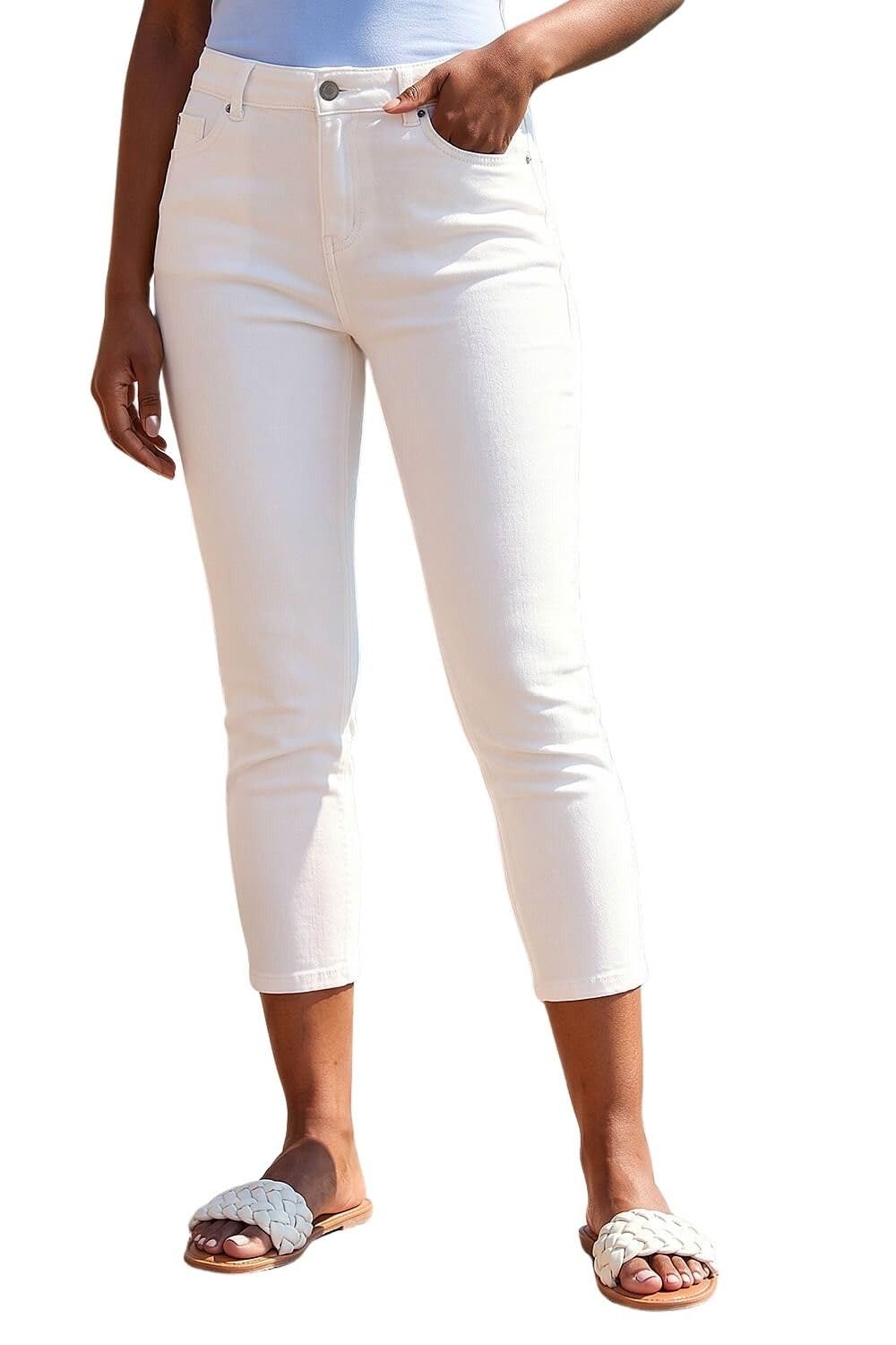 Roman Women's White Petite Slim Crop Stretch Jeans In | : Size 14