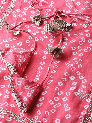 Image of Ishin Women's Pure Cotton Pink & White Embroidered & Gotta Patti A-Line Kurta suit set with Skirt