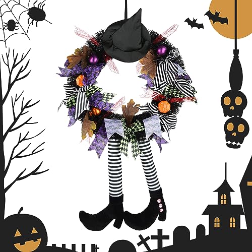 Timiyou Halloween Front Door Wreath, Witch Hat Wreaths, Witch Leg Wreaths, Wreath for Halloween Party Decorations,Red,35cm*60cm