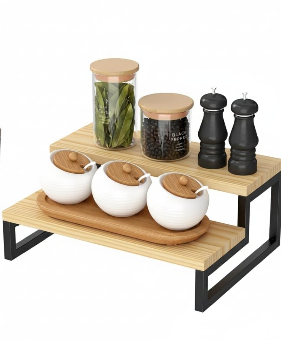 zesh wood art modern kitchen spice organizer, wooden 2-tier shelf, salt cellars, black pepper mills, natural wood and metal stand pine wood nechural
