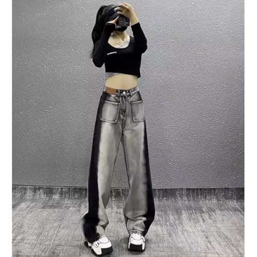 NCDUANSAN Gothic women's retro jeans, contrasting high waisted wide leg pants, street trend loose HIPHOP street dance washed4