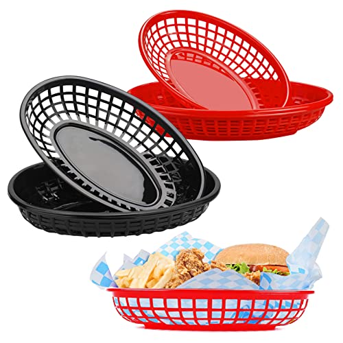 Lot de 6 Paniers panier de rangement plastique, ovales Réutilisables Corbeille à Pain Plastique Corbeille Osier pour Hot-Dogs Hamburgers Bonbons Fête...