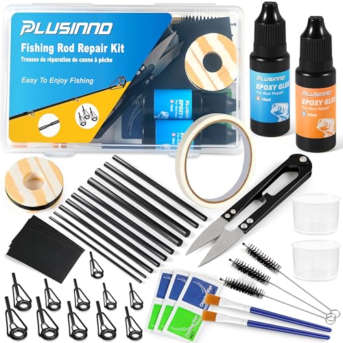 PLUSINNO Fishing Pole & Rod Repair Kit,Complete Supplies for Fishing Pole Tip Replacement with Epoxy Glue,Carbon Fiber Sticks,Top Eyelets and Wrapping Thread.