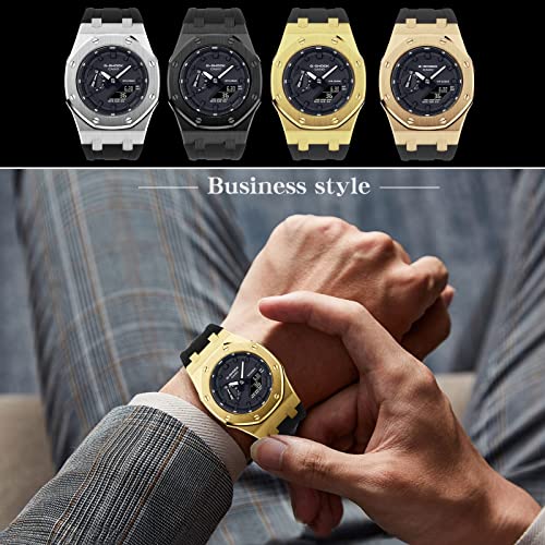 Image of GA2100 Stainless Steel Watch Case with Metal Watchband and Rubber Strap Mod Kit - Compatible with GA-2100 /GA-2110 /GA-B2100 Series - Watch Part Replacement