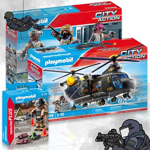 PLAYMOBIL City Action SWAT Bundle: 71149 - Helicóptero de rescate SWAT con módulo de luz y sonido, juego de figuras SWAT 71146 + 70600 policía especial