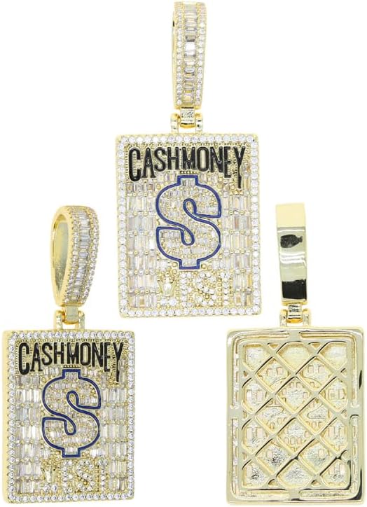 Hip Hop Cash Money Pendant Crown Dollar Shape Charm Necklace Gold Silver Plated Iced Out Bling Rectangle CZ Jewelry