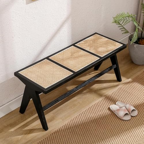 chairus Ottomane Esszimmerbank aus Geflochtenen Rattan mit Massivholzbeinen Küchenbank im Landhaus-Stil Schlafzimmer Eingang Sitzbank (Schwarz)