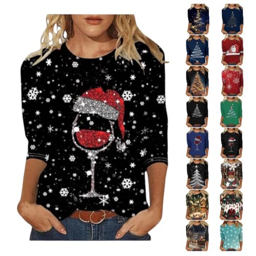 Weihnachtsshirt Damen 3/4 Ärmel Übergröße T-Shirts Winter Elegant Weihnachtspulli Baumwolle Weihnachts Pullover Lustig Weihnachtskleidung Ugly...