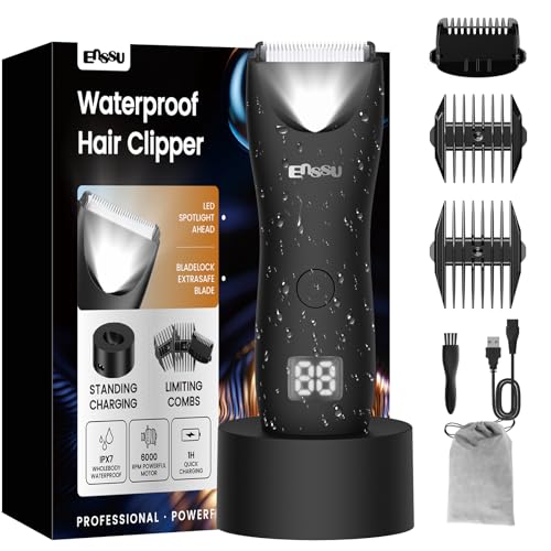 Image of ENSSU Body Hair Trimmer for Men with Light, IPX7 Waterproof Ball Pubic Groin Hair Trimmer for Men with Ceramic Blade, Rechargeable Body Groomer for Man with Charing Dock& LED Display,Black
