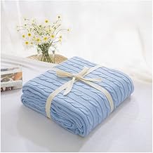 Blanket Queen Size Knitted Tassel Vintage Throw Blanket Soft Knit Wool Blanket Travel Pillow Color Blue, Size 110cmx180cm