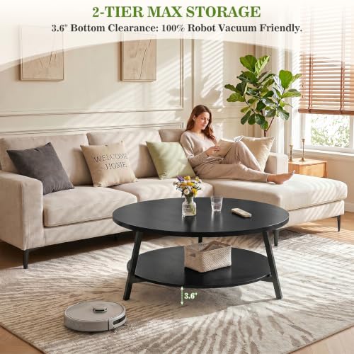 Image of Armocity 35.4 inch Round Wood Coffee Table with 2-Tier Storage, 1 inch Thick Top
