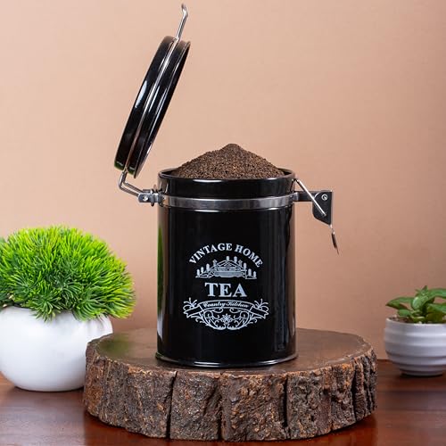 Image of Metallure Home Clip-Lock Round Classic Tea Sugar Container Set of 2 | Metal Container for Kitchen Storage | Airtight Jar Set | Food-Safe Tea Jars for Kitchen (Black)
