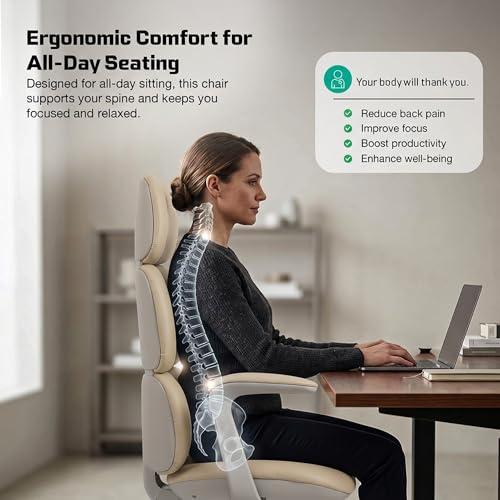 Image of DROGO Cloud Ergonomic Office Chair for Work from Home | Premium Vegan Leather with 3-Section High Backrest Cushion | Computer Chair with 4 Recline Tilt-Lock Positions & Heavy Duty Metal Base (Beige)