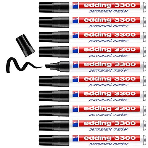 edding 3300 Permanentmarker - schwarz - 10 Stifte - Keil-Spitze 1-5 mm - schnell trocknender Permanent Marker - wasserfest, wischfest - für Karton, Kunststoff, Holz, Metall - Universalmarker