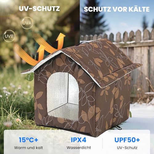 Katzenhaus Outdoor, Katzenhöhle für Draußen, Katzenhaus Für Draußen Winterfest Wasserdicht, Kombiniert isolierte Aluminiumfolie Mit abnehmbarem Transparentem Vorhang (M, Braun)