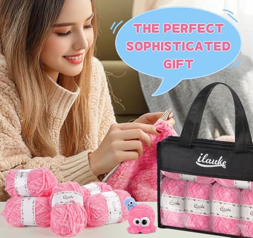 ilauke 6 x 50 g (6 x 70 m) Chenille Garn, Samt Chenille Wolle zum Häkeln und Stricken mit Nadeln mit Handtasche, Rosa Babywolle zum Stricken Weich für Kleidung, Decken, Schals, Kuscheltiere Amigurumi
