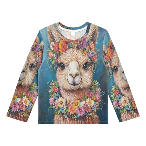 Floral Llama Blue Rash Guard Shirt for Boys Sun Protection Shirt for Toddler Kid UPF50+ 7-8T