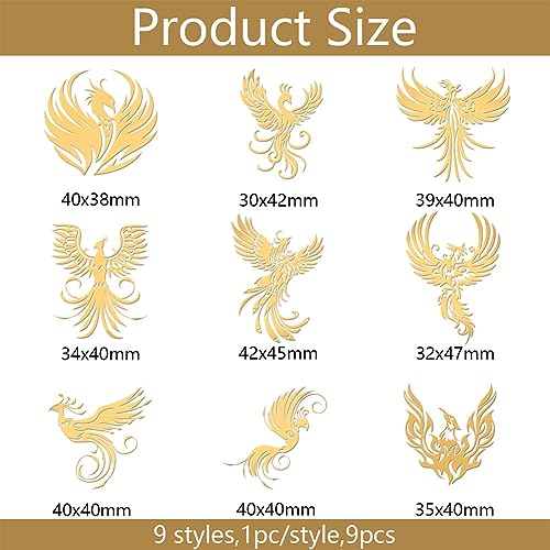OLYCRAFT 9pcs 1.6x1.6 Inch Phoenix Theme Stickers Fire Phoenix Stamp Stickers Self Adhesive Gold Metal Stickers Fiery Phoenix Metal Stickers for Scrapbooks DIY Crafts Phone Decoration