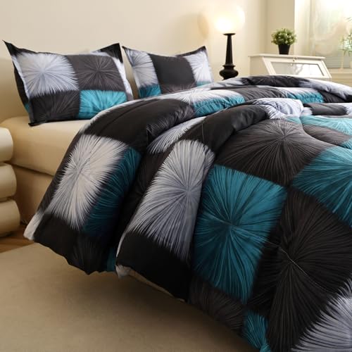 Image of Caressma Black and White Checkered Comforter Bedding Set Queen (90x90 Inch), 3 Pieces Queen Size Blue White Plaid Comforter Set, Fluffy Black Grid Home Decor for All Seasons