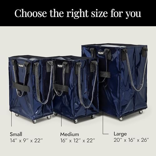 (Small, Midnight Blue) Reusable Grocery Bag On Wheels, Shopping Trolley, Rolling Tote, Zipper Closure, Lightweight, Carries Up to 66 lb, Folds Flat