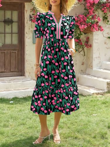 Image of Wenrine Womens Summer Floral Puff Short Sleeve V Neck Flowy Midi Dress | Casual,Ruffle Sleeve,Empire Waist,Swing,Boho,Beach,Vacation,Maxi Dress,with Pockets