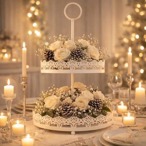 DRULINE Etagere 2 Stöckig 44 cm hoch Ø 20/25 cm Romantik Obst Etagere Weiß Deko Metall weiß Obst Nostalgie Geschenkidee Servier-Teller Kleine Landhausstil Servierständer