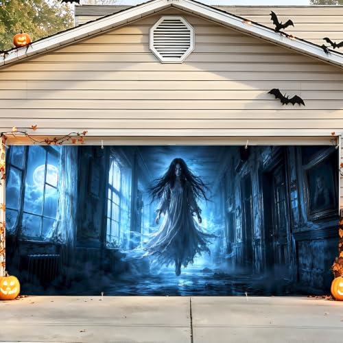 Image of Halloween Garage Door Decorations 6 x 13 ft, Ghost Hall Cover