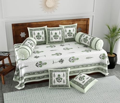 Image of BLOCKS OF INDIA 200TC Diwan Set Cotton 8 Piece | Deewan Printed Bedsheet Sets For Living Room Hall (Set of 8 Piece, 1-Bed Sheet | 2-Bolster Cover | 5-Cushion Cover (Color 25),Multicolour