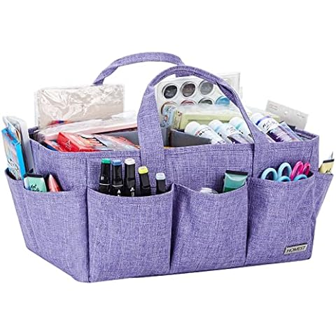 HOMEST Craft Organizer Tote Bag with Multiple Pockets, Storage Art Caddy for Scrapbooking, Crafts Supply Carrier for Tools, Purple Cover