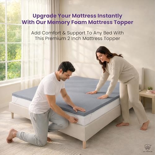 Image of MY ARMOR 2 Inch Memory Foam Mattress Topper, Soft Mattress Padding for Bed with Zipper Cover, Grey, Twin Size, 72 inchx72 inch (6 ft x 6 ft)