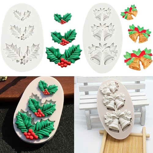 pekifaves 4 peças molde de silicone para o Natal, molde de silicone em forma de folha de azevinho com sino de Natal, molde de chocolate, para fondant, bolachas, forno