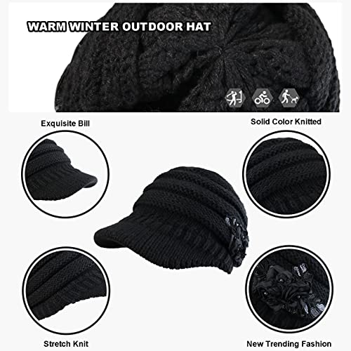 Colorsun Womens Hats Winter Beanie With Brim Warm Cable Knit Newsboy Cap Visor With Sequined Flower Black #TOP2