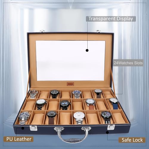 Image of LEDO Watch Box Organizer with 24 Slots, PU Leather Case, Transparent Display, Blue and Cream Interior, Metal Clasp Lock, Rectangular Storage for Men and Women