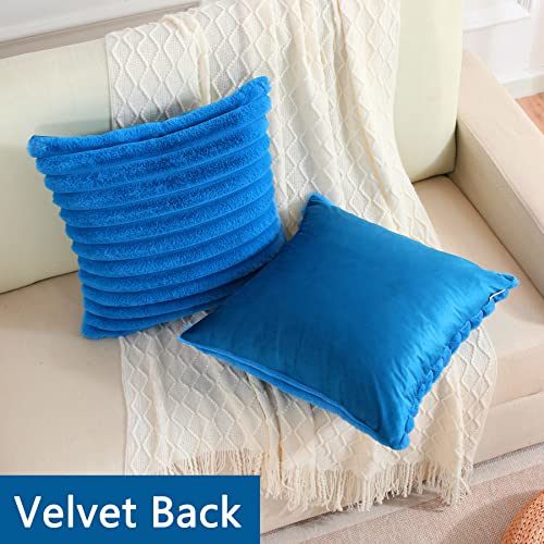 FUTEI Royal Blue Striped Decorative Throw Pillow Covers 24x24 Inch Set of 2,Square Fall Decorations Couch Euro Pillow Case,Soft Cozy Faux Rabbit Fur & Velvet Back,Modern Home Decor for Bed